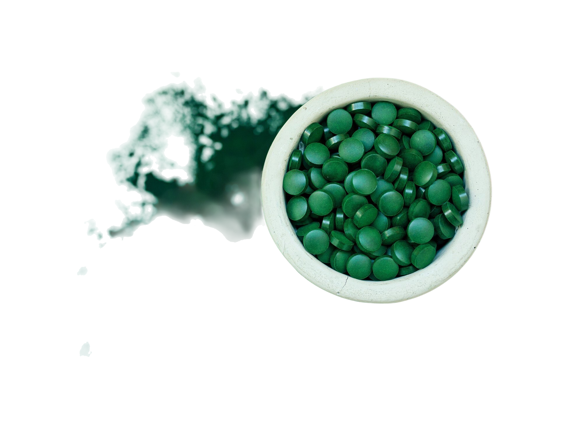 green-hawaiian-spirulina-tablespoons-pills-powder-light-white-background